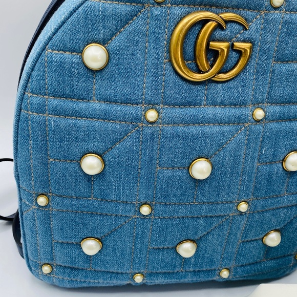 🎉SOLD🎊Gucci Gg Marmont Matelassé Denim Pearl Embellished Backpack Authentic - Picture 4 of 13